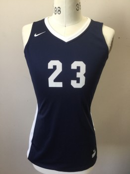 Unisex, Jersey, NIKE DRI FIT, Navy Blue, White, Polyester, Color Blocking, M, Navy with White V-neck, White Panels at Sides with Navy Stripes, Sleeveless, "23" at Front and Back