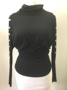 N/L, Black, Viscose, Spandex, Solid, Jersey, Long Sleeves, Cowl Turtleneck, Dolman Sleeves with Cream Mother of Pearl Buttons at Shoulders, Curved Empire Waist Seam