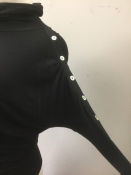 Womens, Top, N/L, Black, Viscose, Spandex, Solid, S, Jersey, Long Sleeves, Cowl Turtleneck, Dolman Sleeves with Cream Mother of Pearl Buttons at Shoulders, Curved Empire Waist Seam