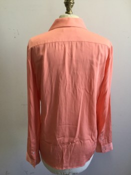 THE ROW, Coral Orange, Silk, Elastane, Solid, Button Front, Hidden Placket, Collar Attached, Long Sleeves, Cuff