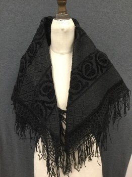 NL, Black, Wool, Rayon, Geometric, Square Shawl Wool & Chenille Woven Pattern, Mohair Lace Trim with Fringe All Around ( Some Areas Missing Tassels),
