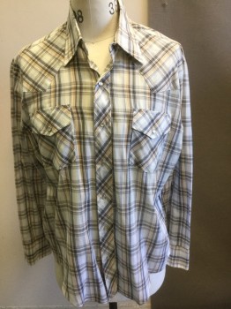 MAGS, White, Periwinkle Blue, Brown, Tan Brown, Cotton, Plaid, Collar Attached, Pearl Button Snap Front, Long Sleeves, Flap Pockets