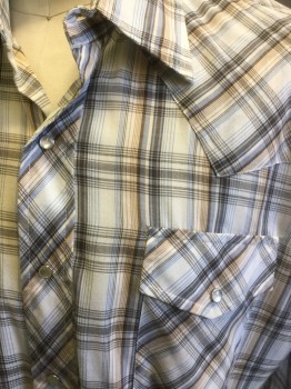 Mens, Western, MAGS, White, Periwinkle Blue, Brown, Tan Brown, Cotton, Plaid, 16/34, Collar Attached, Pearl Button Snap Front, Long Sleeves, Flap Pockets