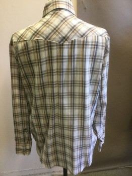 Mens, Western, MAGS, White, Periwinkle Blue, Brown, Tan Brown, Cotton, Plaid, 16/34, Collar Attached, Pearl Button Snap Front, Long Sleeves, Flap Pockets