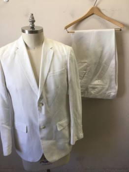 Mens, Suit, Jacket, PERRY ELLIS, White, Linen, Cotton, Solid, 42 R, Notched Lapel, 2 Button Front, Pocket Flap,