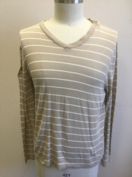 Mens, Pullover Sweater, FACCONABLE, Beige, White, Linen, Cotton, Stripes - Horizontal , L, Beige with Thin White Horizontal Stripes, Knit, Long Sleeves, V-neck