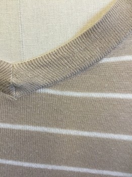 Mens, Pullover Sweater, FACCONABLE, Beige, White, Linen, Cotton, Stripes - Horizontal , L, Beige with Thin White Horizontal Stripes, Knit, Long Sleeves, V-neck