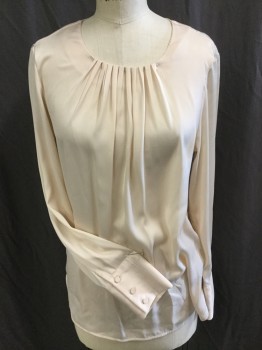 H&M, Beige, Polyester, Solid, Beige, Pleat Front with Round Neck,  Long Sleeves, Key Hole Back with 1 Button
