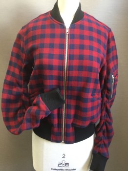 Womens, Casual Jacket, ALC, Red, Navy Blue, Black, Cotton, Viscose, Check , B34, 0, Silver Zipper, 2 Pockets, Rib Knit Collar/Cuffs/Waistband, Rusching Sleeves to Hang in a Half Circle with Pocket Detail on Left Sleeve