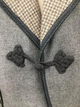 DOMINIC GHERARDI, Lt Gray, Cream, Charcoal Gray, Wool, Polyester, Solid, Houndstooth, Smoking Jacket, Heathered Gray Wool with Gray & Cream Hounds Tooth Shawl Collar, Pocket Detail and Cuffs. Charcoal Grey Cording, Trim with Charcoal Frog Closure  at Single Breasted Front,