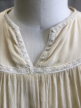 N/L, Cream, Gold, Polyester, Cream Gauze, Long Blousy Sleeves, Cream and Gold Metallic Trim at Round Neck and Notch at Center Front Neck, Round Shoulder Yoke, and Cuffs, Pirate/Historially Inspired