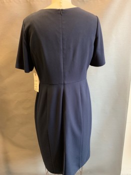 Womens, Dress, Short Sleeve, M&S, Navy Blue, Polyester, Viscose, Solid, W 36, B 44, H 45, Short Sleeves, Keyhole Neck with Gold Embellishment, Back Zipper,