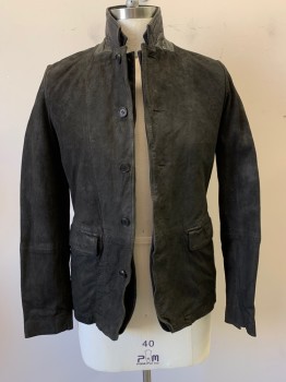 Mens, Leather Jacket, ALL SAINTS, Black, Leather, Wool, Solid, Faded, S, Faded Black Goat Leather, Black Leather Elbow Patches, Black Herringbone Wool Placket Underneath Leather Placket, 2 Pockets, Double Collar, Button Front