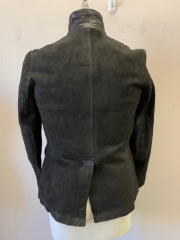 Mens, Leather Jacket, ALL SAINTS, Black, Leather, Wool, Solid, Faded, S, Faded Black Goat Leather, Black Leather Elbow Patches, Black Herringbone Wool Placket Underneath Leather Placket, 2 Pockets, Double Collar, Button Front