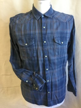 Mens, Western, LUCKY, Slate Blue, Blue, Faded Red, Gray, Cotton, Plaid, M, Collar Attached, Milky with Brass Trim Snap Front, Yoke Front & Back, 2 Pockets with Flap, Long Sleeves, Curved Hem