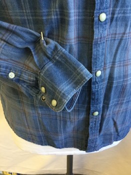 Mens, Western, LUCKY, Slate Blue, Blue, Faded Red, Gray, Cotton, Plaid, M, Collar Attached, Milky with Brass Trim Snap Front, Yoke Front & Back, 2 Pockets with Flap, Long Sleeves, Curved Hem