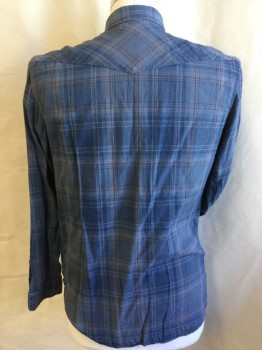 LUCKY, Slate Blue, Blue, Faded Red, Gray, Cotton, Plaid, Collar Attached, Milky with Brass Trim Snap Front, Yoke Front & Back, 2 Pockets with Flap, Long Sleeves, Curved Hem
