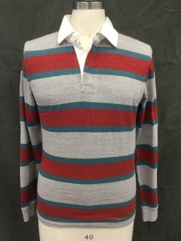 PATAGONIA, Heather Gray, Red, Teal Blue, White, Cotton, Stripes, Knit, Hidden Placket Front, Long Sleeves, Ribbed Knit Cuff, Woven White Collar Attached, Doubles