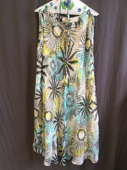 Womens, Skirt, Long, LOTTA STENSSON, Off White, Black, Gray, Yellow, Aqua Blue, Silk, Polyester, Abstract , 22, 1" D-string Waist Band with Beads/metal Beads at the End of Ties, Sheer  Abstract Bursting Print, Bias Cut with Solid Off White Lining, Side Zip