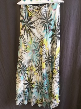 Womens, Skirt, Long, LOTTA STENSSON, Off White, Black, Gray, Yellow, Aqua Blue, Silk, Polyester, Abstract , 22, 1" D-string Waist Band with Beads/metal Beads at the End of Ties, Sheer  Abstract Bursting Print, Bias Cut with Solid Off White Lining, Side Zip