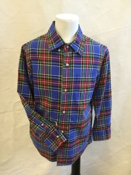 CREWCUTS, Periwinkle Blue, Red, Yellow, Black, Green, Cotton, Plaid, Collar Attached, Button Down, Button Front, 1 Pocket, Long Sleeves, Curved Hem