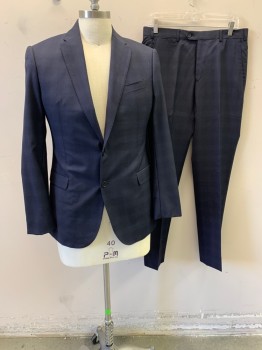 ARMANI COLLECTION, Navy Blue, Gray, Wool, Plaid, Notched Lapel, Single Breasted, Button Front, 2 Buttons, 3 Pockets, Double Back Vent