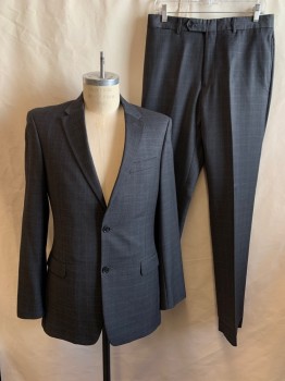 TOMMY HILFIGER, Dk Gray, Lt Blue, Wool, Plaid-  Windowpane, Single Breasted, 2 Buttons, Notched Lapel, 3 Pockets, 4 Button Cuffs, 2 Back Vents