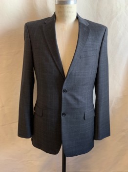 TOMMY HILFIGER, Dk Gray, Lt Blue, Wool, Plaid-  Windowpane, Single Breasted, 2 Buttons, Notched Lapel, 3 Pockets, 4 Button Cuffs, 2 Back Vents