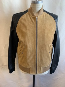 Mens, Leather Jacket, SANDRO, Tan Brown, Black, Suede, Leather, Color Blocking, L, Zip Front, Elastic Band Collar, 2 Pockets, Black Sleeves