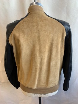Mens, Leather Jacket, SANDRO, Tan Brown, Black, Suede, Leather, Color Blocking, L, Zip Front, Elastic Band Collar, 2 Pockets, Black Sleeves