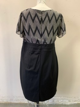 Womens, Dress, Short Sleeve, ALYX, Black, White, Polyester, Rayon, Zig-Zag , Solid, 18W, Black with Zig Zag Dotted Georgette, Scoop Neck, Pleated at Neck, Double Layered Short Sleeves, Solid Black Skirt, Multi Panel Waistband with Gold Buckle Detail Center Front, Zip Back, Hem Below Knee