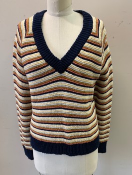Womens, Pullover, MADEWELL, Navy Blue, White, Cream, Brown, Pink, Cotton, Stripes, S, Horizontal Ribbed Striped, Solid Navy Ribbed Knit V-neck/Waistband/Cuff