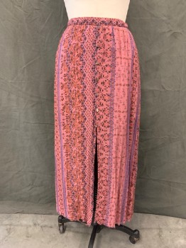 Womens, Skirt, Long, BUTTONS, Mauve Pink, Lavender Purple, Black, Brick Red, Synthetic, Stripes, Paisley/Swirls, M, Patterned Stripes, Elastic Waistband, Faux Button Front with Slit