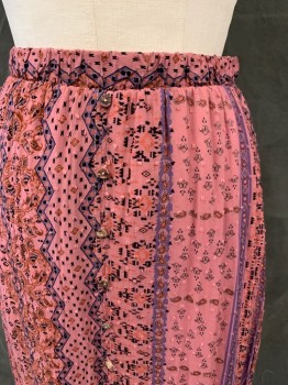 Womens, Skirt, Long, BUTTONS, Mauve Pink, Lavender Purple, Black, Brick Red, Synthetic, Stripes, Paisley/Swirls, M, Patterned Stripes, Elastic Waistband, Faux Button Front with Slit