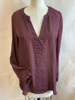 Womens, Blouse, HARLOWE & GRAHAM, Purple, Orange, Brown, Gray, Polyester, Abstract , S, Round V-neck, Pullover, Long Sleeves, Curved & Uneven Hem