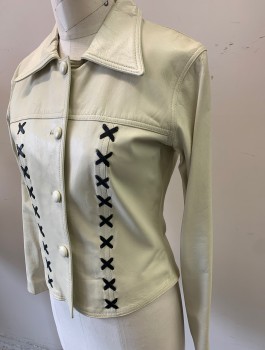 Womens, Leather Jacket, ANNA GABELLI, Cream, Black, Leather, Solid, S, B:36, Cream with Black X Shaped Stitching Stripes, 4 Self Covered Buttons, Collar Attached, Fitted, Y2K 00's
