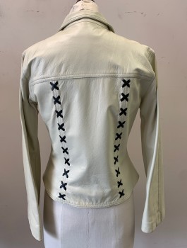 Womens, Leather Jacket, ANNA GABELLI, Cream, Black, Leather, Solid, S, B:36, Cream with Black X Shaped Stitching Stripes, 4 Self Covered Buttons, Collar Attached, Fitted, Y2K 00's