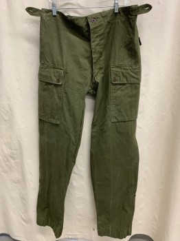 NO LABEL, Olive Green, Cotton, Solid, DISTRESSED Straight Leg Cargo, 4 Pockets, Button Fly, Adjustable Waist