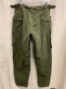 NO LABEL, Olive Green, Cotton, Solid, DISTRESSED Straight Leg Cargo, 4 Pockets, Button Fly, Adjustable Waist