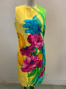 PASSPORT FASHIONS, Sunflower Yellow, Kelly Green, Blue, Fuchsia Pink, Orange, Cotton, Floral, Sleeveless, Center Back Zipper, Hand Painted Style Flowers. Small Stain in Blue Tulip on Bust See Detail Photo,
