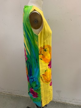 PASSPORT FASHIONS, Sunflower Yellow, Kelly Green, Blue, Fuchsia Pink, Orange, Cotton, Floral, Sleeveless, Center Back Zipper, Hand Painted Style Flowers. Small Stain in Blue Tulip on Bust See Detail Photo,
