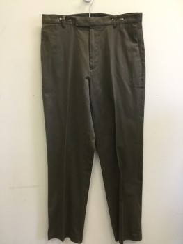 Mens, Slacks, CLAIBORNE, Brown, Cotton, Solid, 32/33, 1.3"  Waistband with Belt Hoops, Flat Front, Zip Front, 4 Pockets