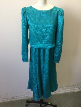 JODY, Turquoise Blue, Polyester, Floral, Self Floral Satin, Long Sleeves, Scoop Neck, Puffy Sleeves Gathered at Shoulders, Elastic Waist, Knee Length,