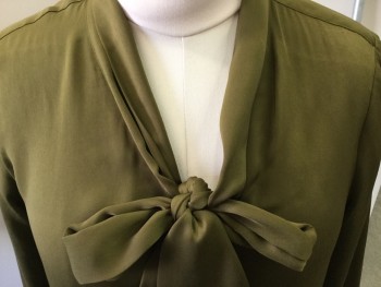 LOFT, Olive Green, Polyester, Solid, Long Sleeves, Pull Over, Self Tie Neck