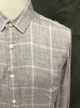 TOPMAN, Heather Gray, Lilac Purple, Viscose, Acrylic, Grid , Flannel, Button Front, Collar Attached, Long Sleeves, Button Cuff