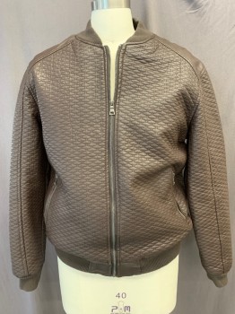 Mens, Leather Jacket, ROBERT PHILLIPE, Chocolate Brown, Faux Leather, Solid, 40/2, XL, Zip Front, Quilted, Rib Knit Collar/cuffs and Waistband, 2 Zip Pocket, Fleece Lining