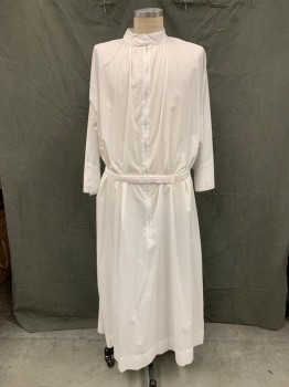 Unisex, Alb, ABBEY, White, Cotton, Solid, M, Zip Front, Band Collar with Velcro Closure, Gathered at Neck, Side Seam Slits for Pocket Access, Floor Length Hem, Attached Self Front Belt with Velcro Closure, Pleated Back Skirt
