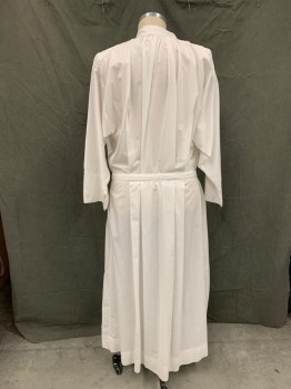 Unisex, Alb, ABBEY, White, Cotton, Solid, M, Zip Front, Band Collar with Velcro Closure, Gathered at Neck, Side Seam Slits for Pocket Access, Floor Length Hem, Attached Self Front Belt with Velcro Closure, Pleated Back Skirt