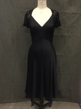 Womens, Cocktail Dress, BDGLEY MISCHKA, Black, Silk, Beaded, Solid, 6, Textured Black Silk, V-neck, Empire Waist That Lowers to the Back, Pleated at Shoulder Sem, Lace Beaded Back Yoke and Short Sleeves, Hidden Zip Back, Hem Below Knee