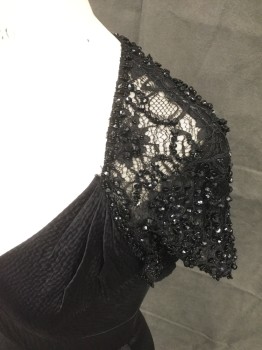 Womens, Cocktail Dress, BDGLEY MISCHKA, Black, Silk, Beaded, Solid, 6, Textured Black Silk, V-neck, Empire Waist That Lowers to the Back, Pleated at Shoulder Sem, Lace Beaded Back Yoke and Short Sleeves, Hidden Zip Back, Hem Below Knee
